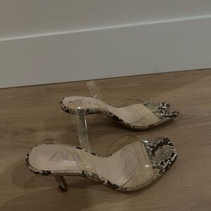 Zara Clear-Strap Snake-Print Slide Heels - Beige